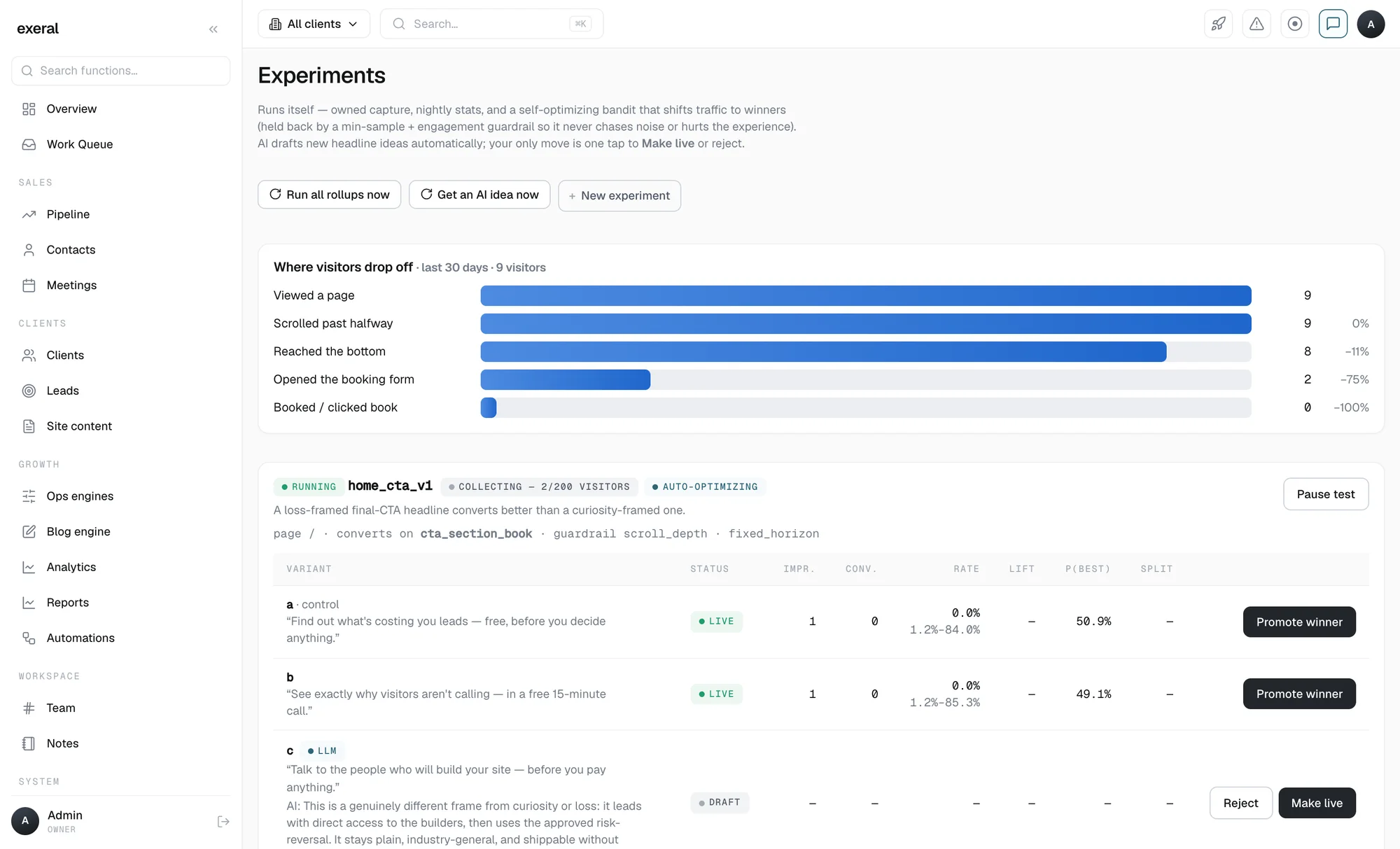 exeral experiments — headline A/B test with automatic optimization
